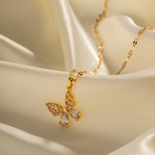 Gold White Zircon Butterfly Necklace