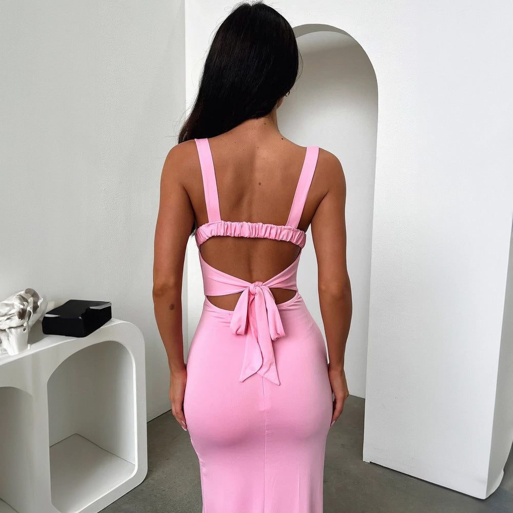 Split Backless Suspender Sheath Dress
